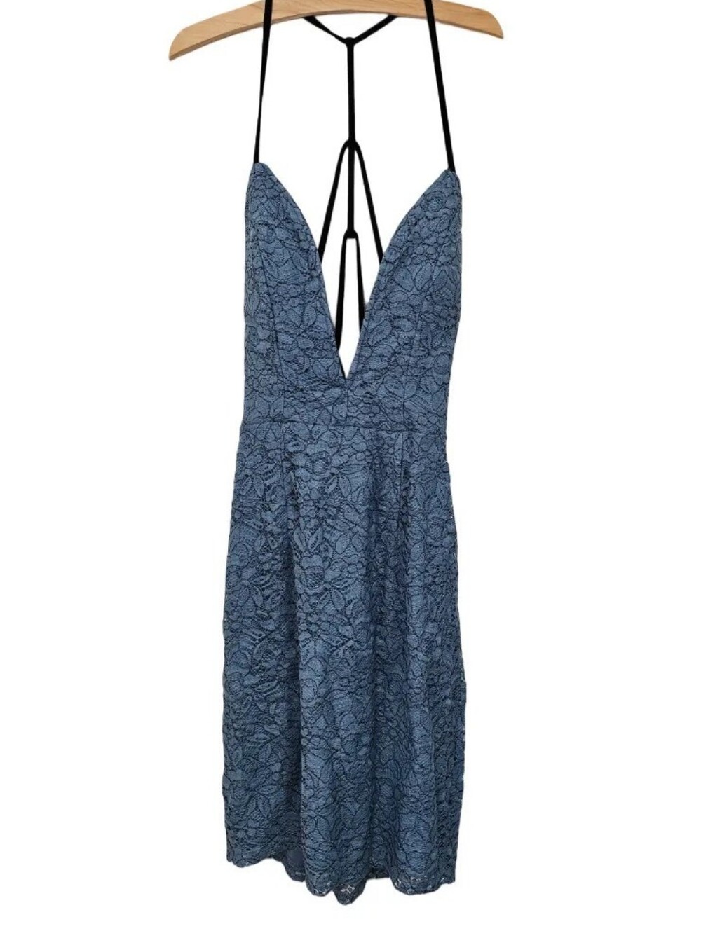 Blue Lace Midi Dress XS Deep V Boned Strappy Back